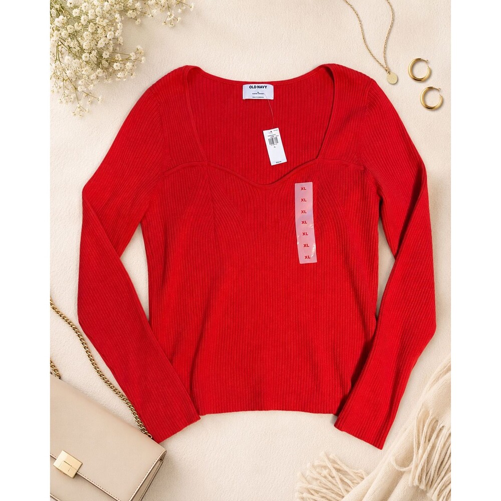 Old Navy Womens XL Red‎ Ribbed Sweetheart Neck Cotton Blend Sweater NWT